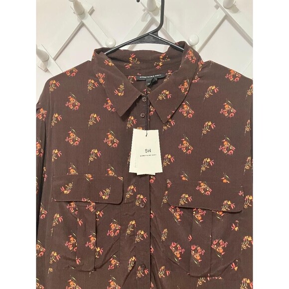 NWT Something Navy Woman's Top Brown Ganache Floral Long Sleeve Charnas Size 1 - Picture 2 of 12
